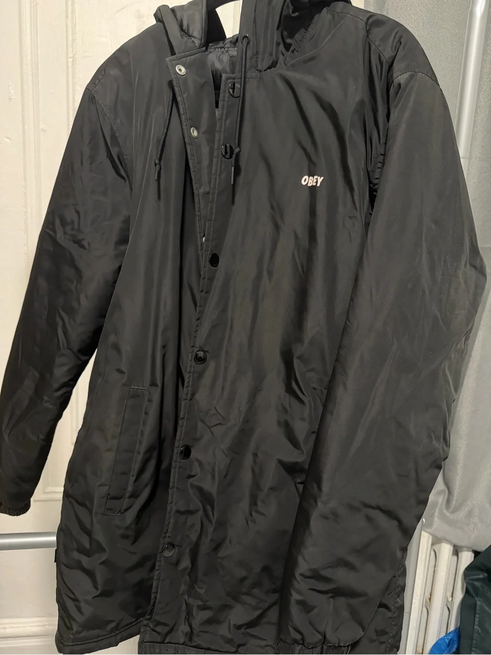 Obey Men's Black Hooded Coach Jacket